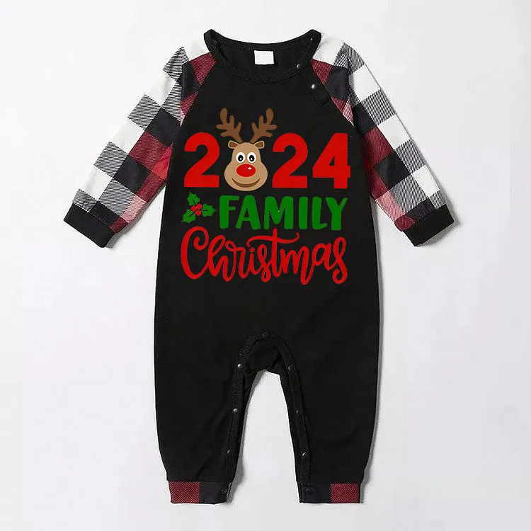 2024 Christmas Reindeer Print Black Plaid Family Pajama Set