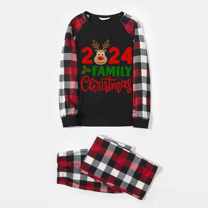 2024 Christmas Reindeer Print Black Plaid Family Pajama Set