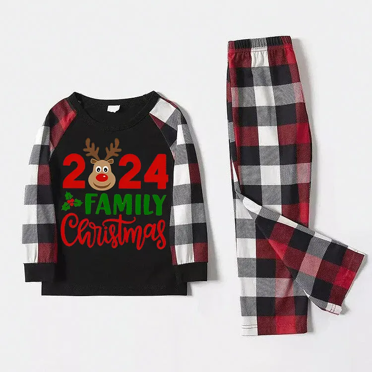 2024 Christmas Reindeer Print Black Plaid Family Pajama Set