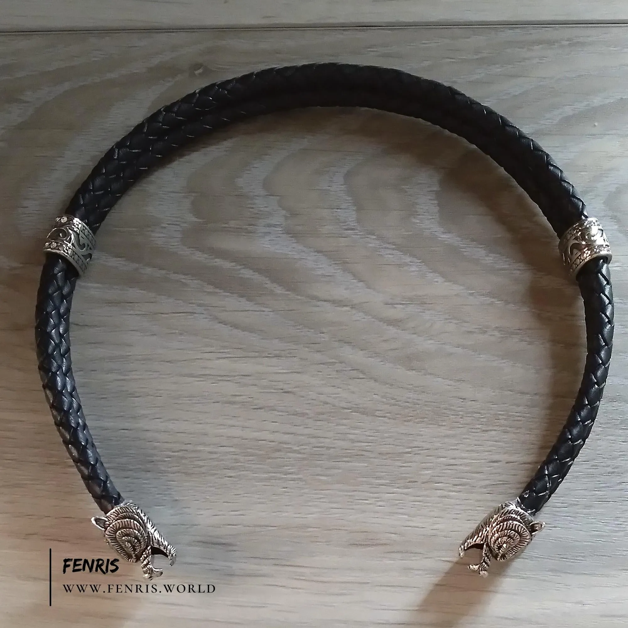 Bear Torc Silver Black Leather Double Band | Fenris