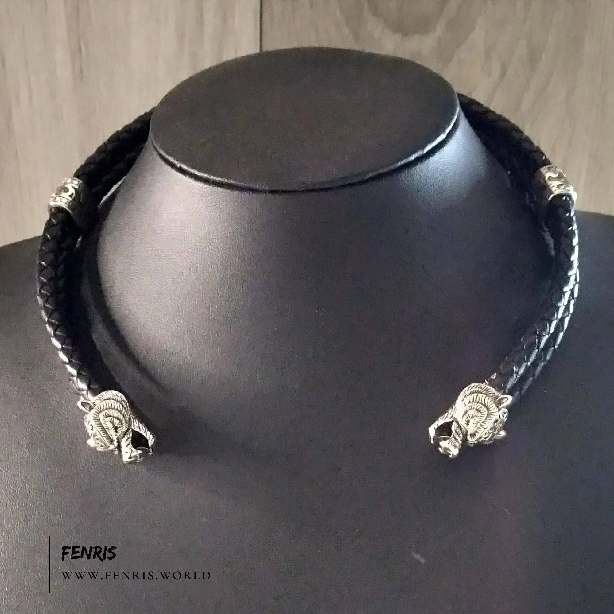 Bear Torc Silver Black Leather Double Band | Fenris