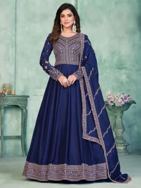 Blue Art Silk Partywear Anarkali-Suit