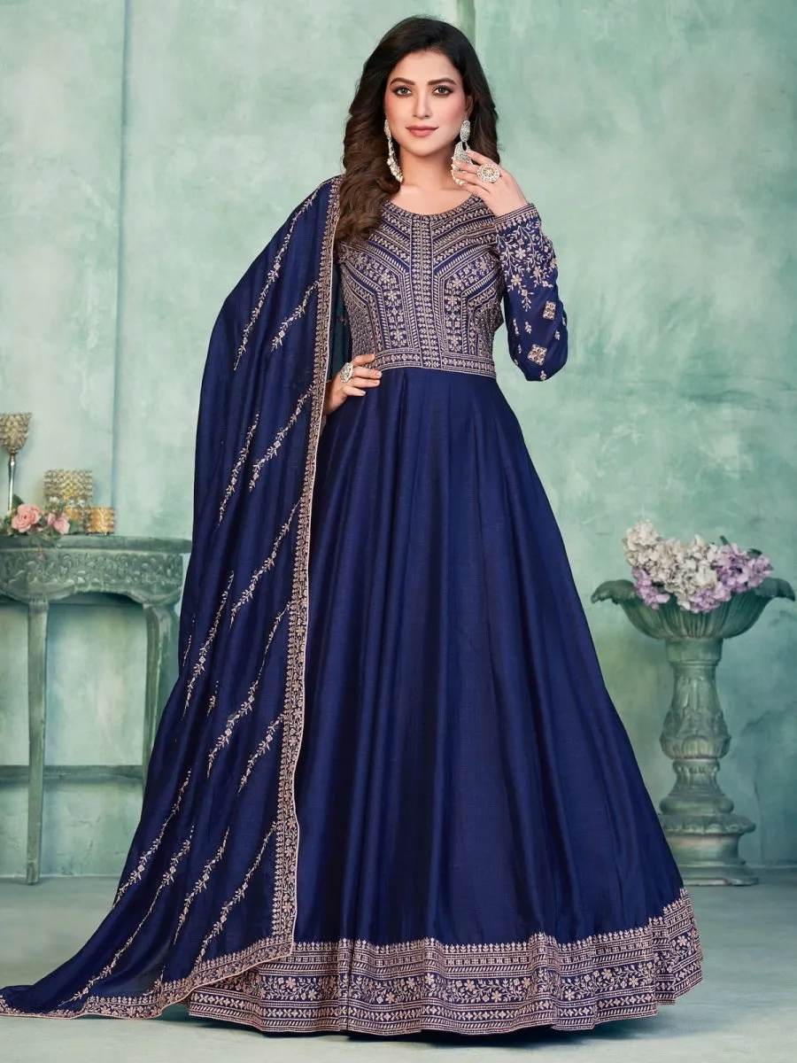 Blue Art Silk Partywear Anarkali-Suit