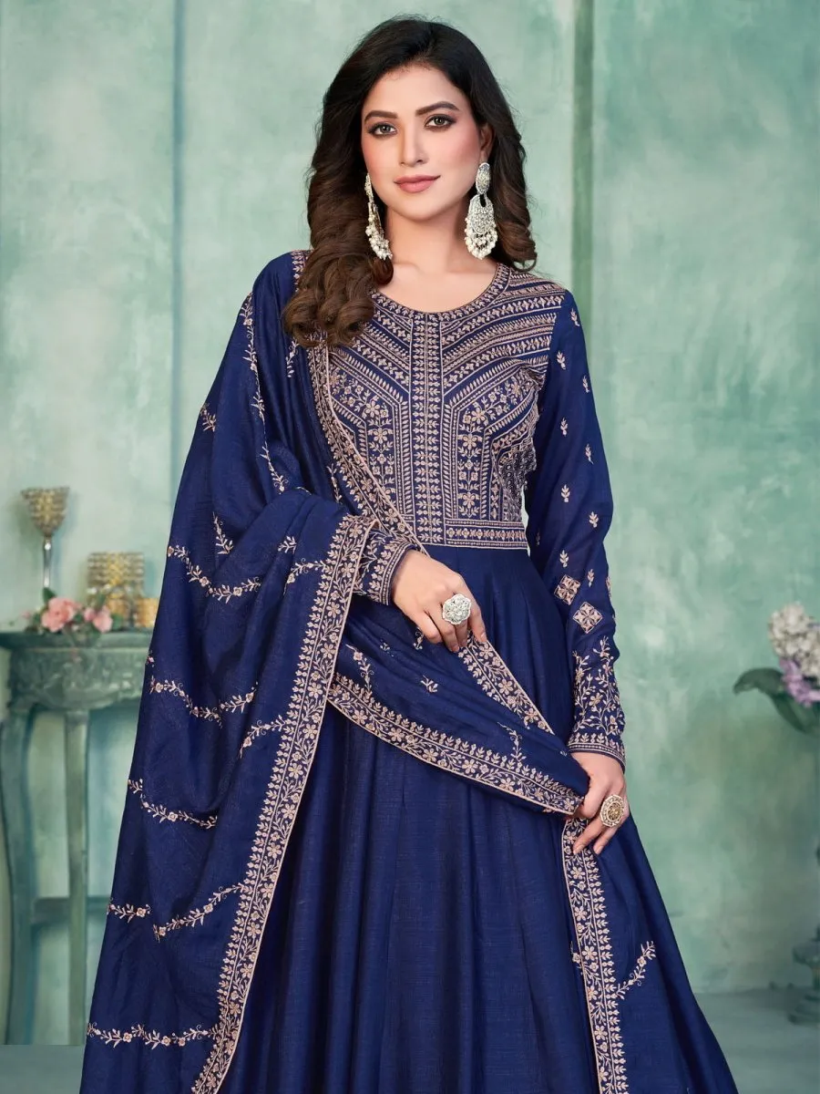 Blue Art Silk Partywear Anarkali-Suit