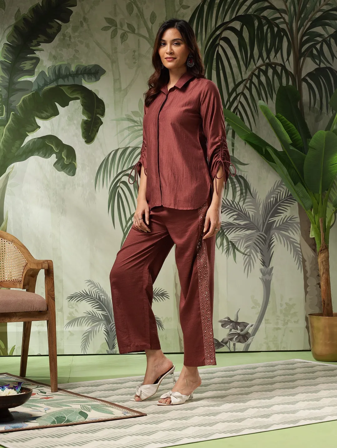 Brown Silk Blend Co-ord Set with Embroidered Trousers | Women's 2-Piece Shirt and Trouser Outfit | Casual Wear