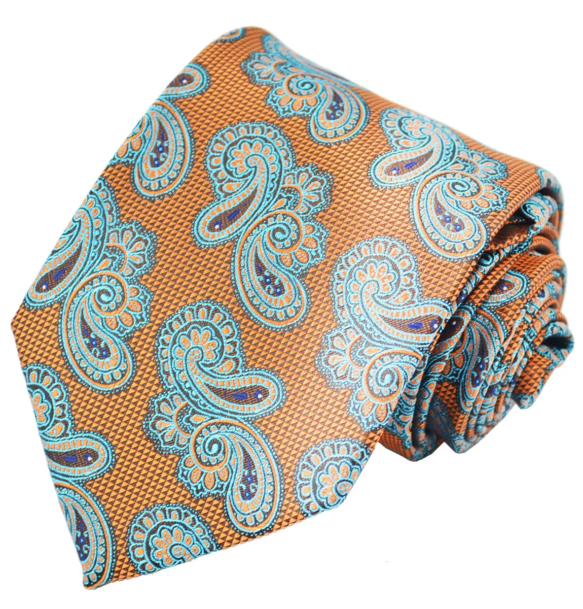 Burnt Orange and Turquoise Paisley 7-fold Silk Tie Set