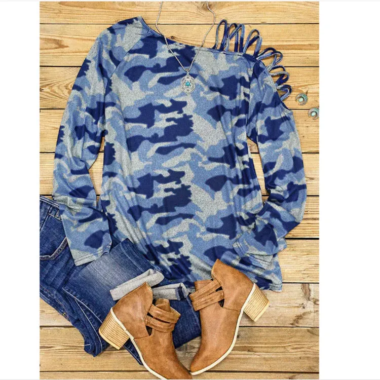 Camouflage shoulder strap cross-neck long-sleeved T-shirt