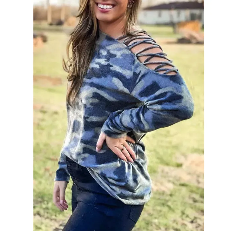 Camouflage shoulder strap cross-neck long-sleeved T-shirt