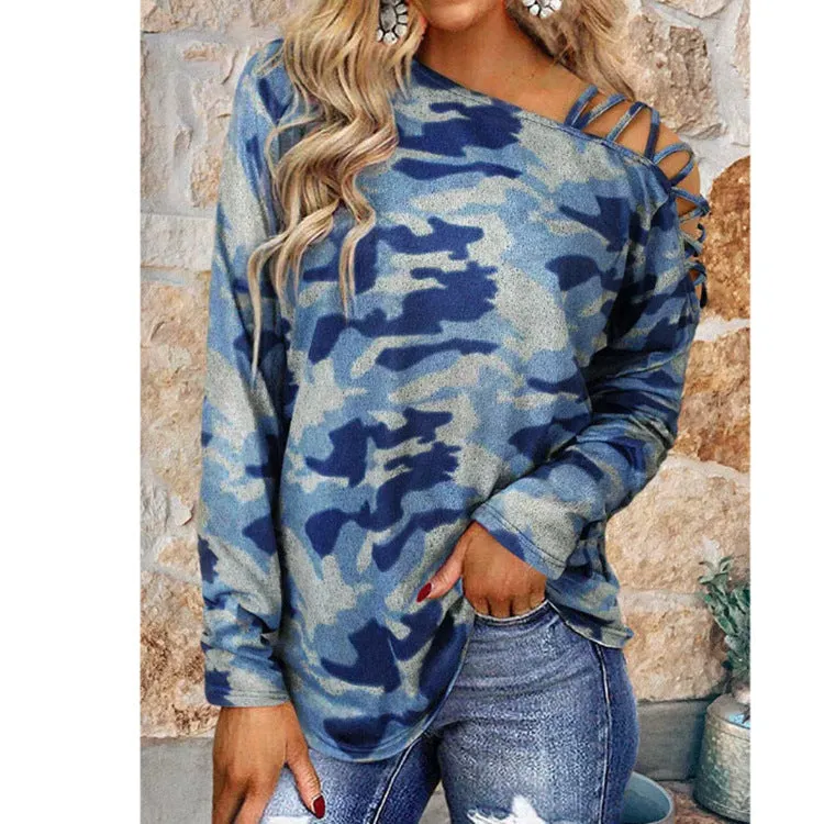 Camouflage shoulder strap cross-neck long-sleeved T-shirt