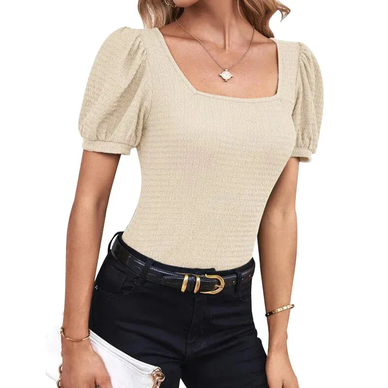 Casual Pure Color Texture Lantern Sleeve Square Collar Simple Fashion T-shirt