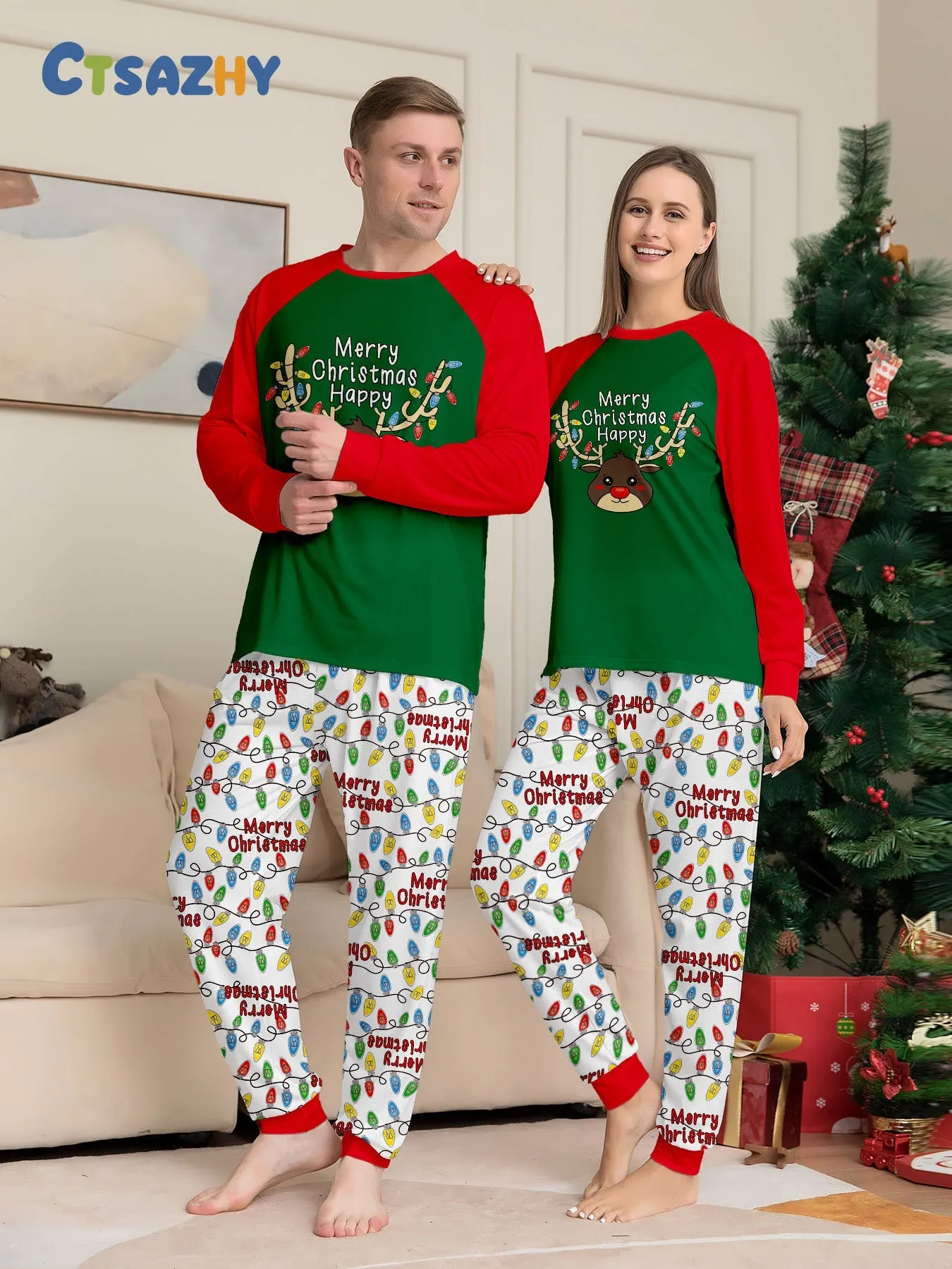 Christmas Antlers Printed Family Matching Christmas Pajamas Sets