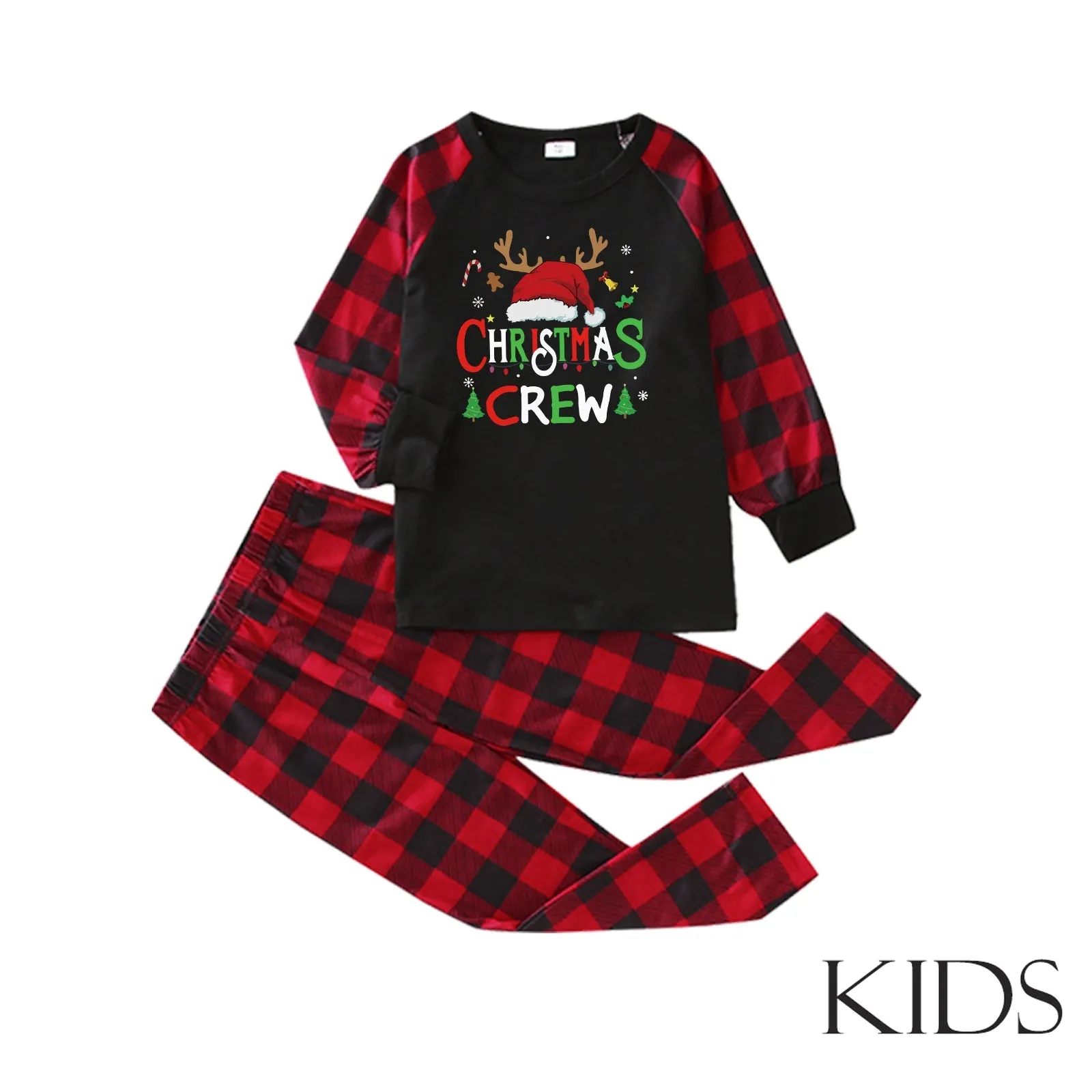 Christmas Crew parent-child plaid pajamas set with Christmas tree print