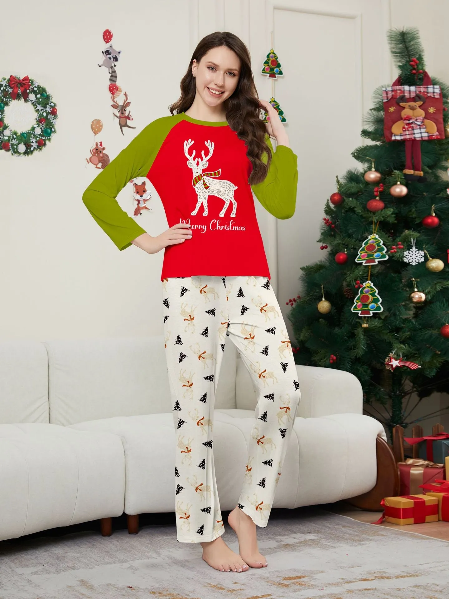 Family Christmas Pajama Set Colorblocked Printed Fawns