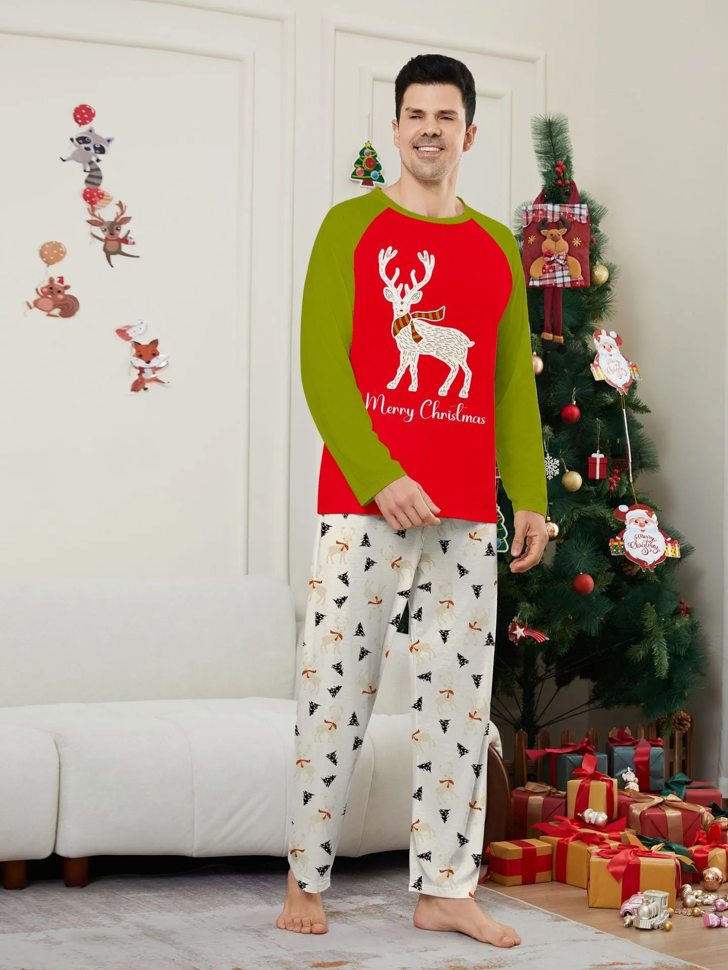 Family Christmas Pajama Set Colorblocked Printed Fawns