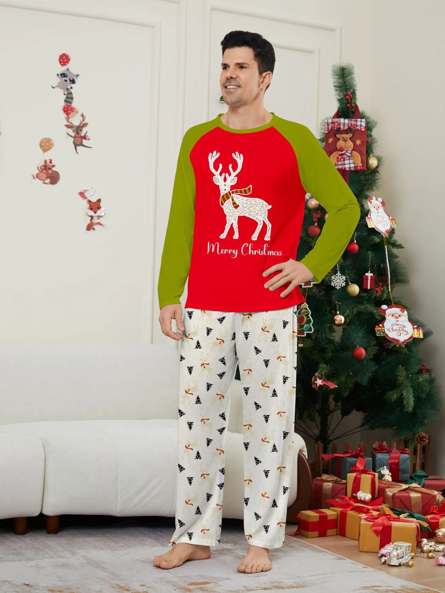 Family Christmas Pajama Set Colorblocked Printed Fawns