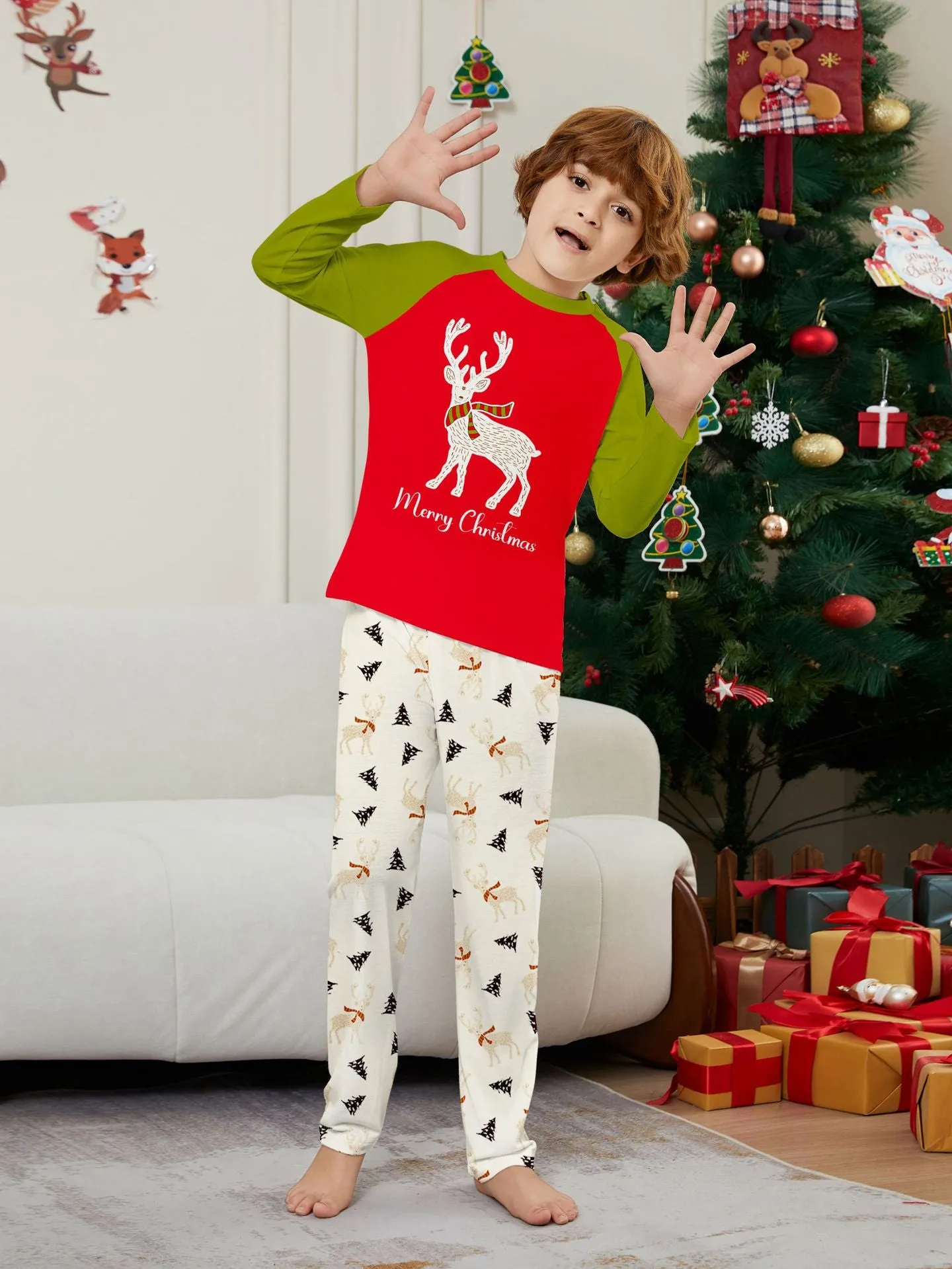 Family Christmas Pajama Set Colorblocked Printed Fawns