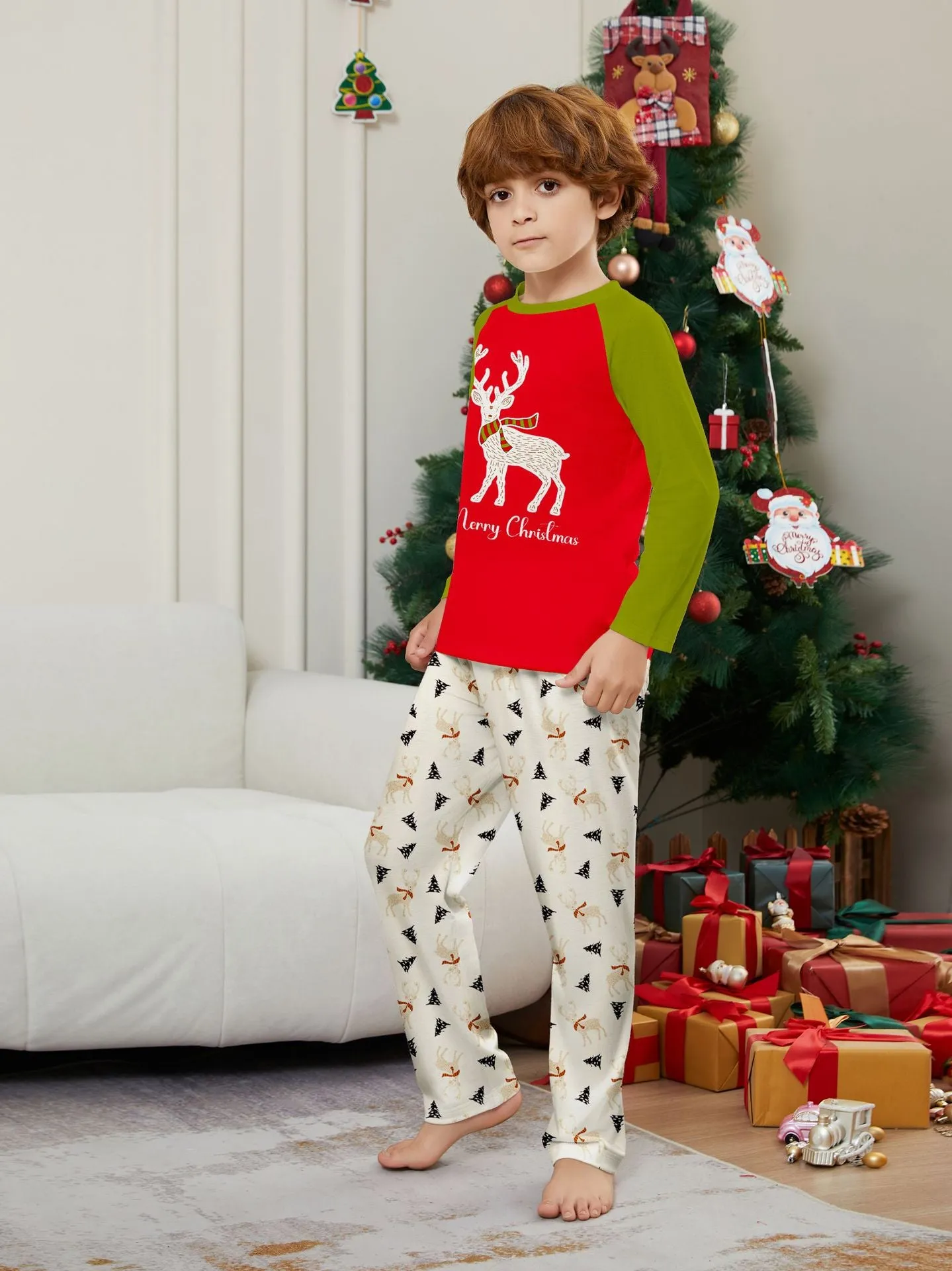 Family Christmas Pajama Set Colorblocked Printed Fawns