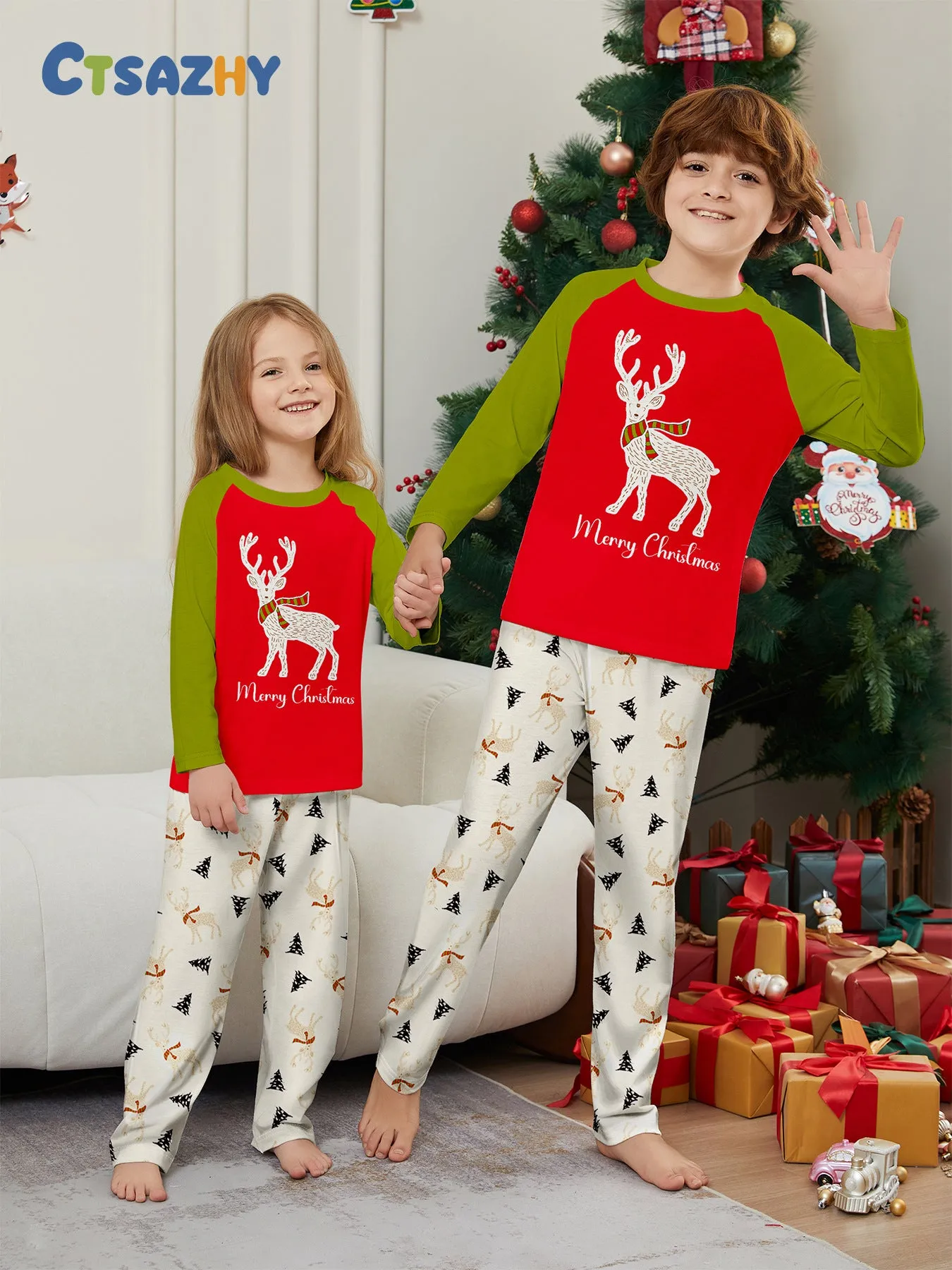 Family Christmas Pajama Set Colorblocked Printed Fawns