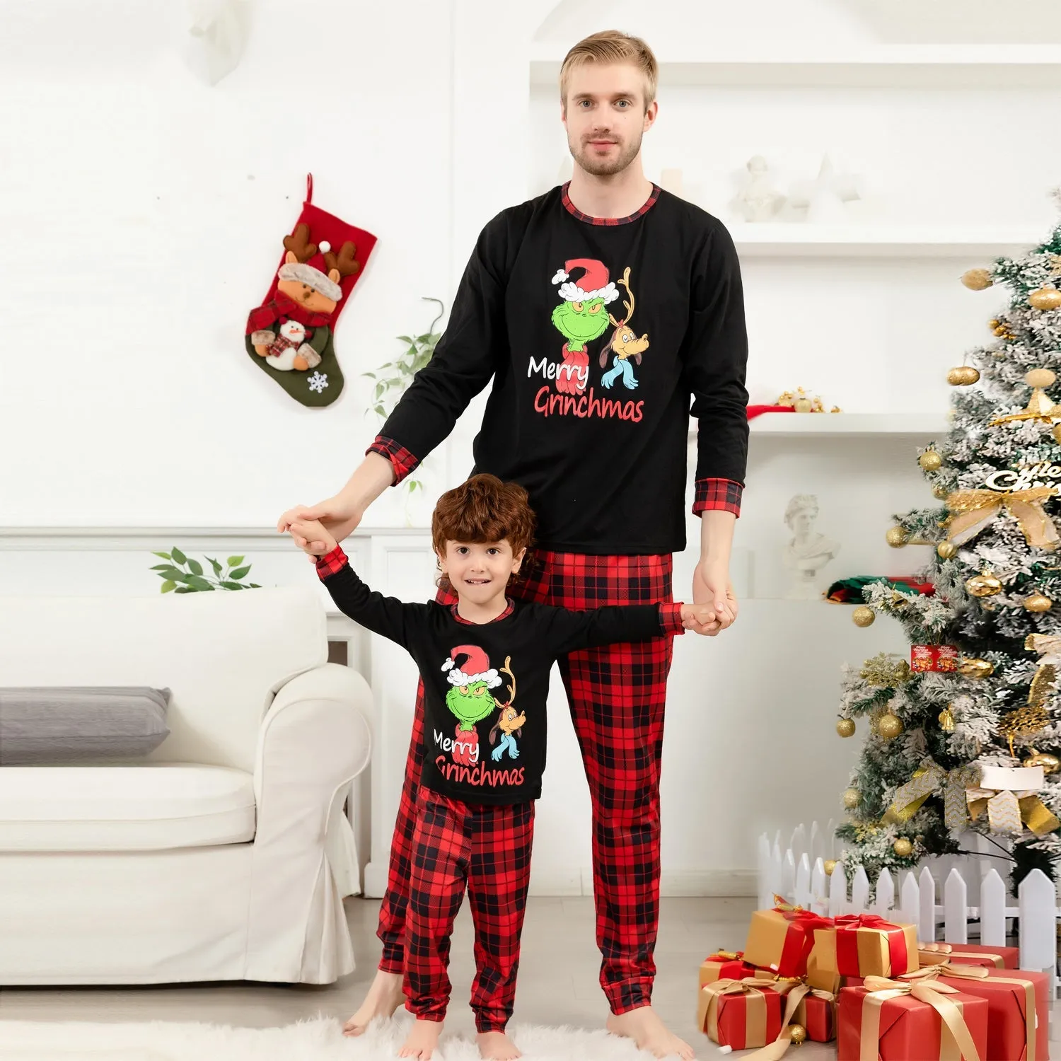 Family Matching Round Neck Pajama Set with Grinch Pattern