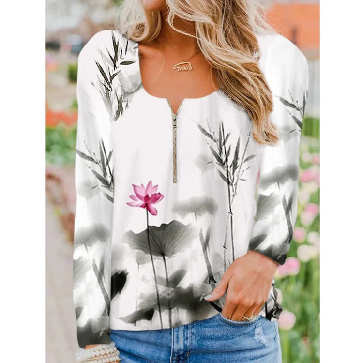 Fashion round neck zipper positioning printing long-sleeved T-shirt