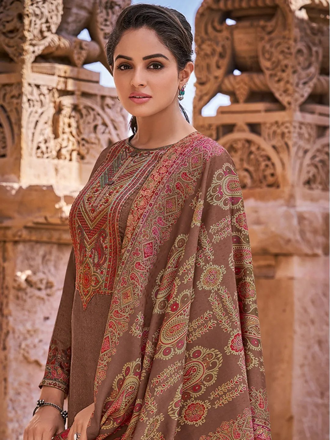 Faux Pashmina Brown Unstitched Suits Dress Material for Woman