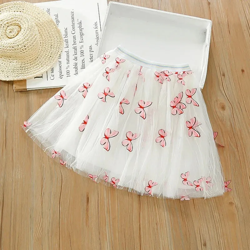 Girls' 2024 Summer Fashion Solid Color Printed Butterfly Short Skirt