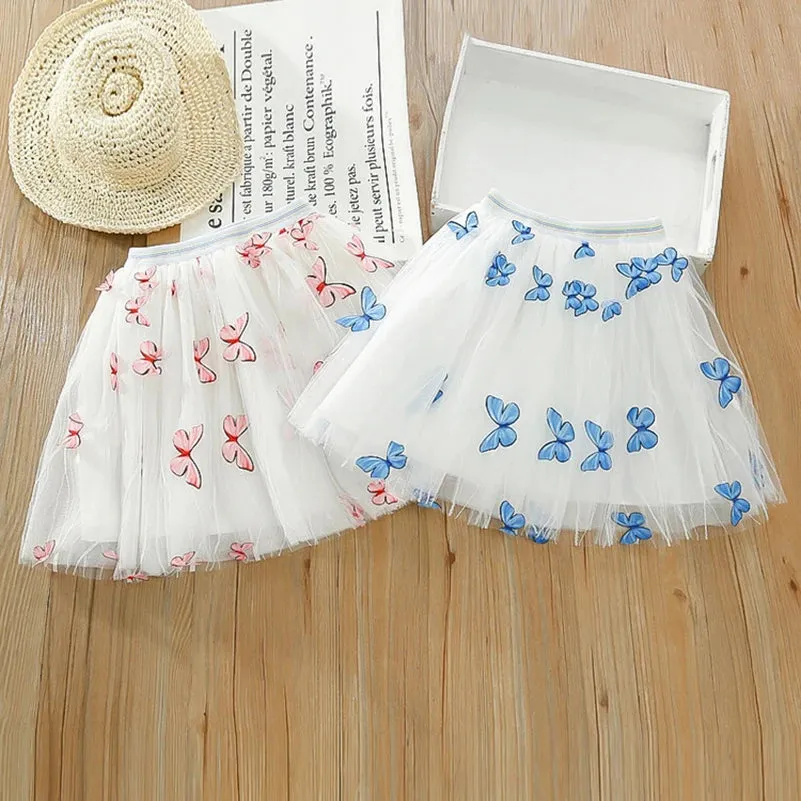 Girls' 2024 Summer Fashion Solid Color Printed Butterfly Short Skirt