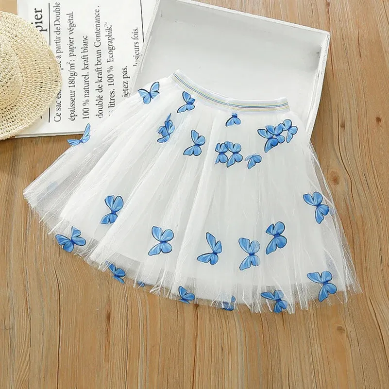 Girls' 2024 Summer Fashion Solid Color Printed Butterfly Short Skirt