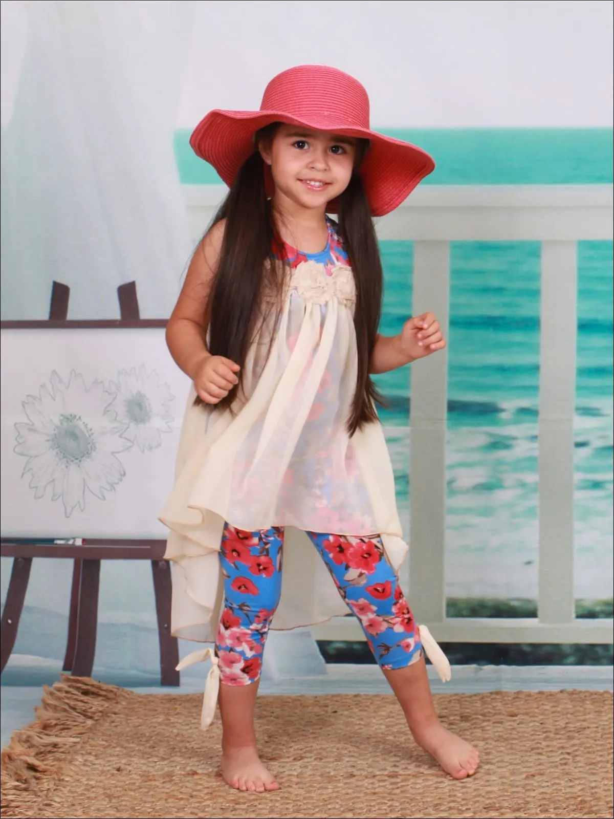 Girls Hi-Lo Flower Trim Ruffle Tunic And Legging Set