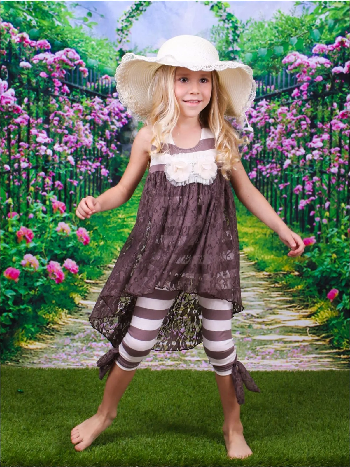 Girls Hi-Lo Flower Trim Ruffle Tunic And Legging Set