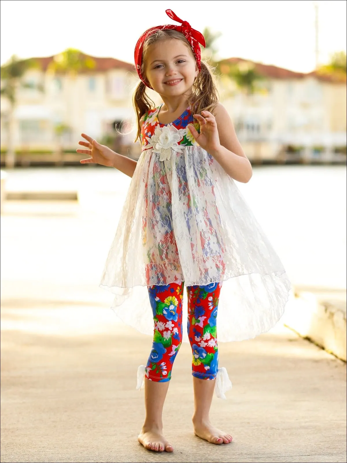 Girls Hi-Lo Flower Trim Ruffle Tunic And Legging Set