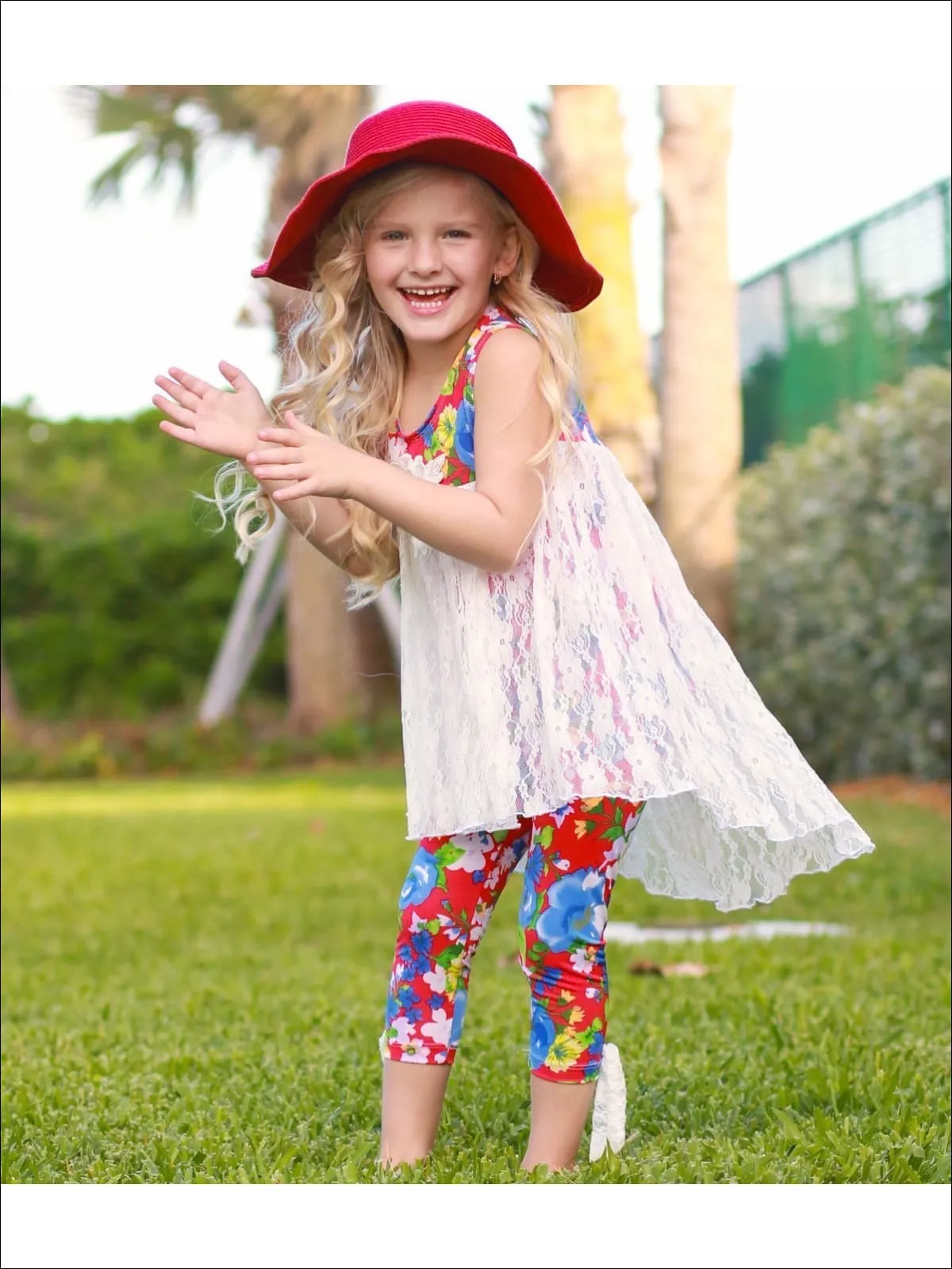 Girls Hi-Lo Flower Trim Ruffle Tunic And Legging Set