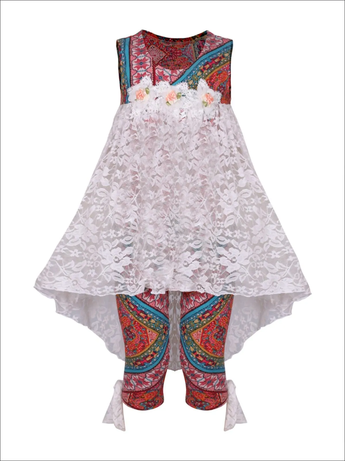 Girls Hi-Lo Flower Trim Ruffle Tunic And Legging Set