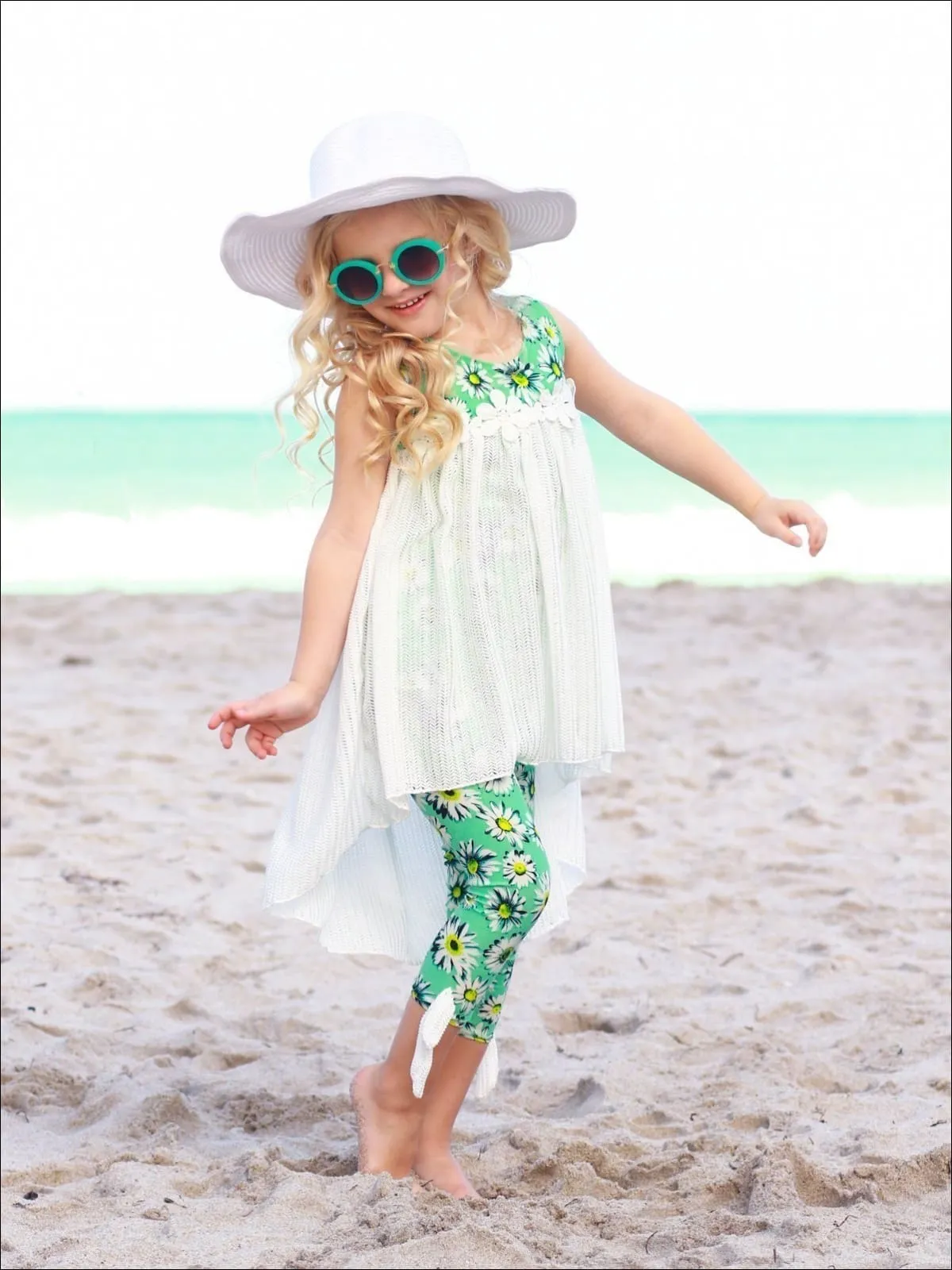 Girls Hi-Lo Flower Trim Ruffle Tunic And Legging Set