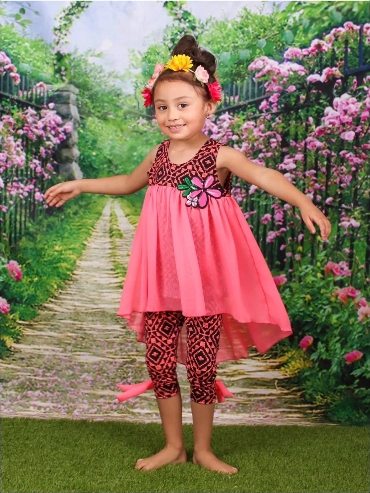 Girls Hi-Lo Flower Trim Ruffle Tunic And Legging Set