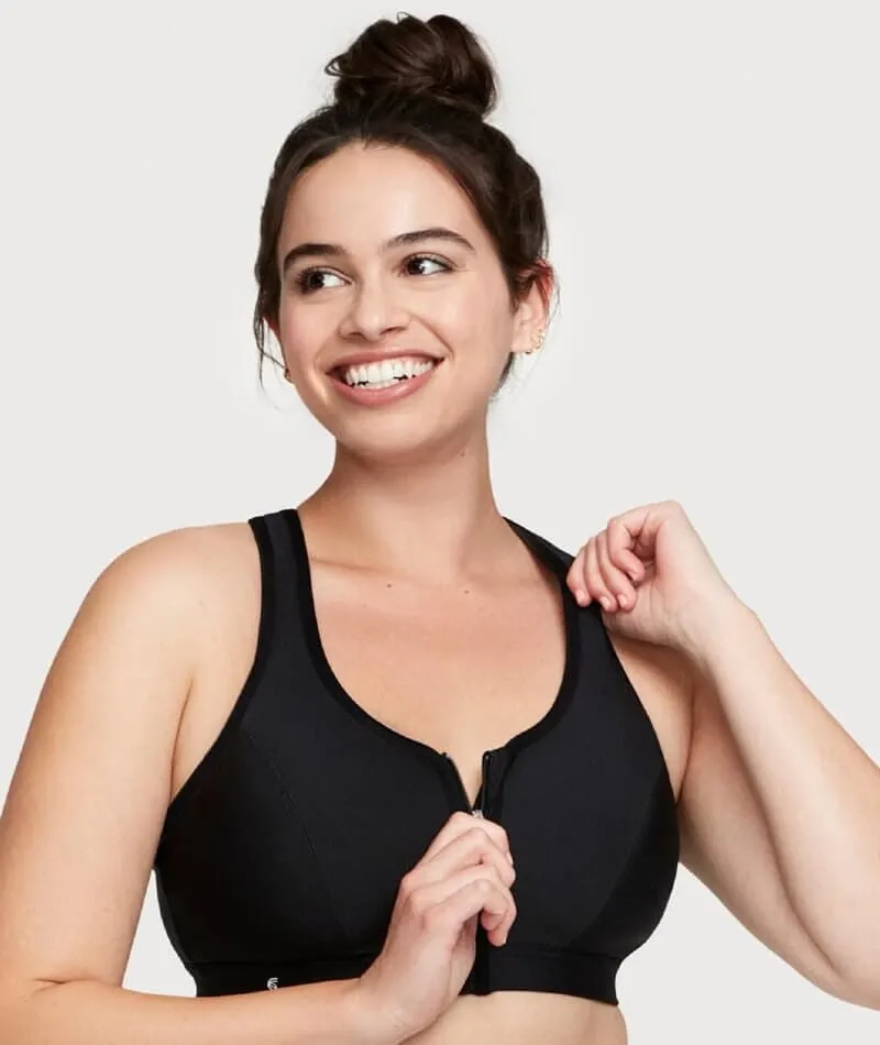 Glamorise Zip Up Front-Closure Wire-Free Sports Bra - Black