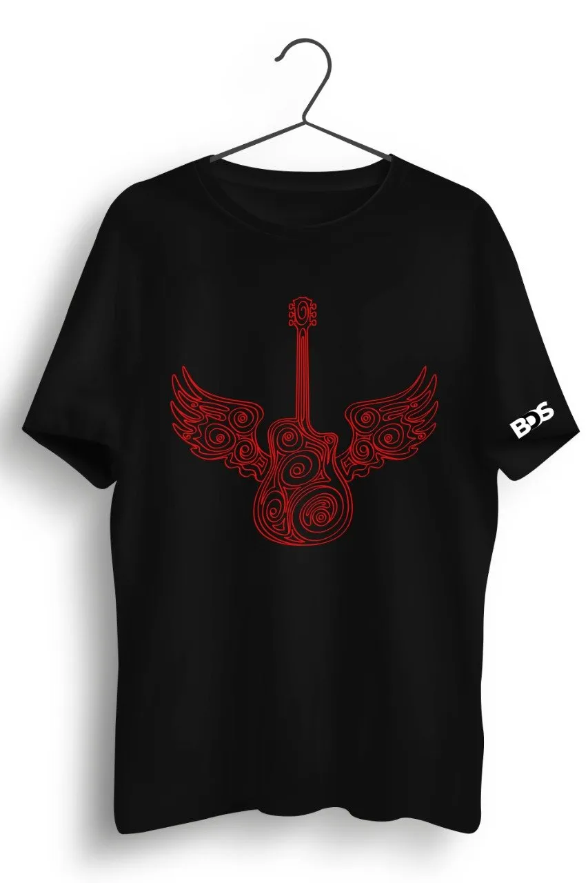 Guitar Wings Red Graphic Printed Black Tshirt