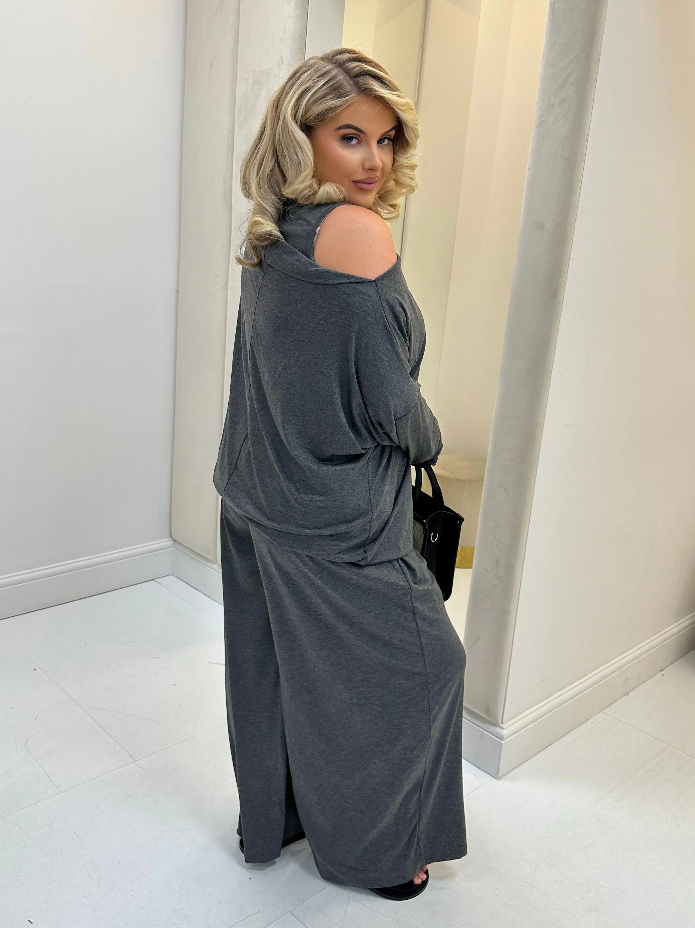 Hollyanna Curve Grey Cowl Neck Jersey Drawstring Co-Ord