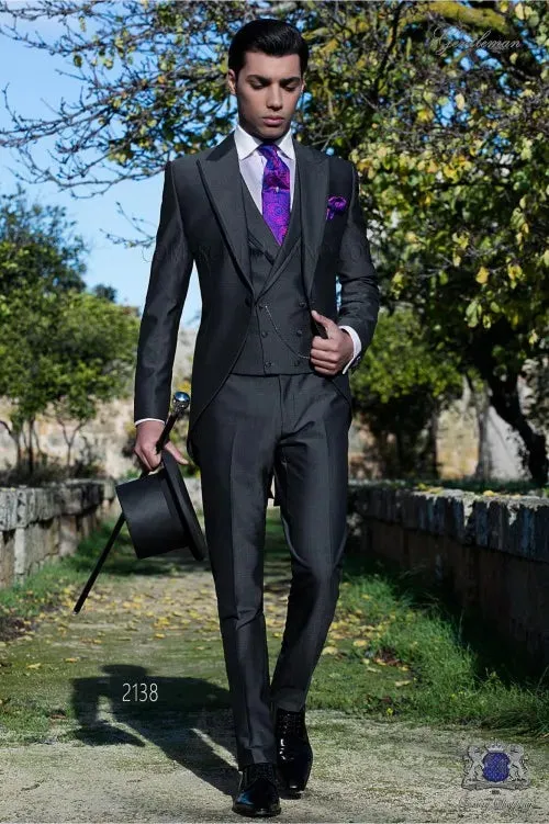 Hot Recommend Dark Grey Tailcoat Groom Tuxedos Morning Style Men Wedding Wear Men Formal Dinner Prom Party Suit(Jacket Pants Tie Vest) 1108