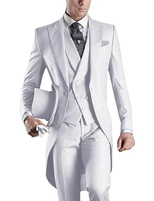 Hot Recommend Dark Grey Tailcoat Groom Tuxedos Morning Style Men Wedding Wear Men Formal Dinner Prom Party Suit(Jacket Pants Tie Vest) 1108