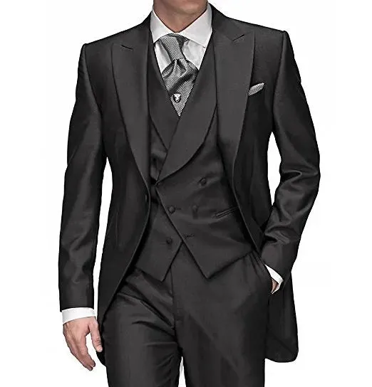 Hot Recommend Dark Grey Tailcoat Groom Tuxedos Morning Style Men Wedding Wear Men Formal Dinner Prom Party Suit(Jacket Pants Tie Vest) 1108