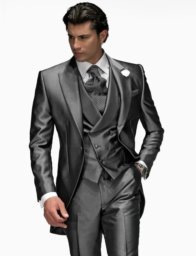 Hot Recommend Dark Grey Tailcoat Groom Tuxedos Morning Style Men Wedding Wear Men Formal Dinner Prom Party Suit(Jacket Pants Tie Vest) 1108