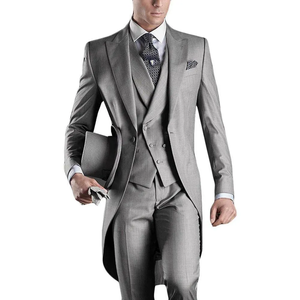 Hot Recommend Dark Grey Tailcoat Groom Tuxedos Morning Style Men Wedding Wear Men Formal Dinner Prom Party Suit(Jacket Pants Tie Vest) 1108