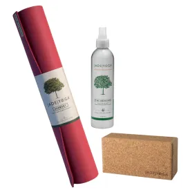 Jade Yoga Harmony Mat - Raspberry & Jade Yoga Cork Yoga Block - Small   Jade Yoga Plant Based Mat Wash - 8 oz Starter Kit