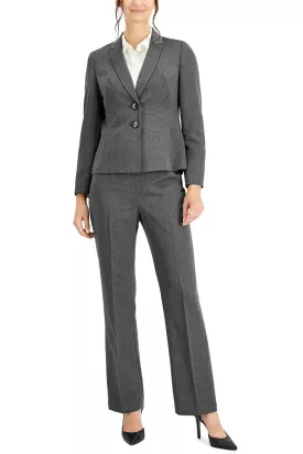 Le Suit Cotched Collar Two-Button Closure Shoulder Pads with Straight Leg, Zipper with Hook and Bar Closure Crepe Pantsuit