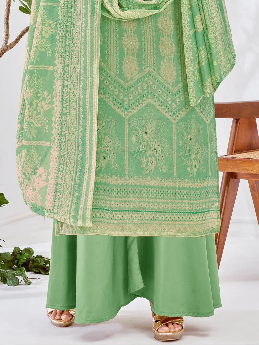 Light Green Printed Cotton Unstitched Suit Material