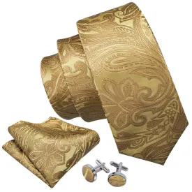 Men's Gold Paisley 100% Silk Neck Tie With Matching Hanky And Cufflinks Set