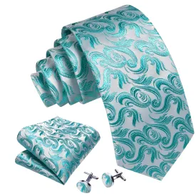 Men's White And Blue Floral 100% Silk Neck Tie With Matching Hanky And Cufflinks Set