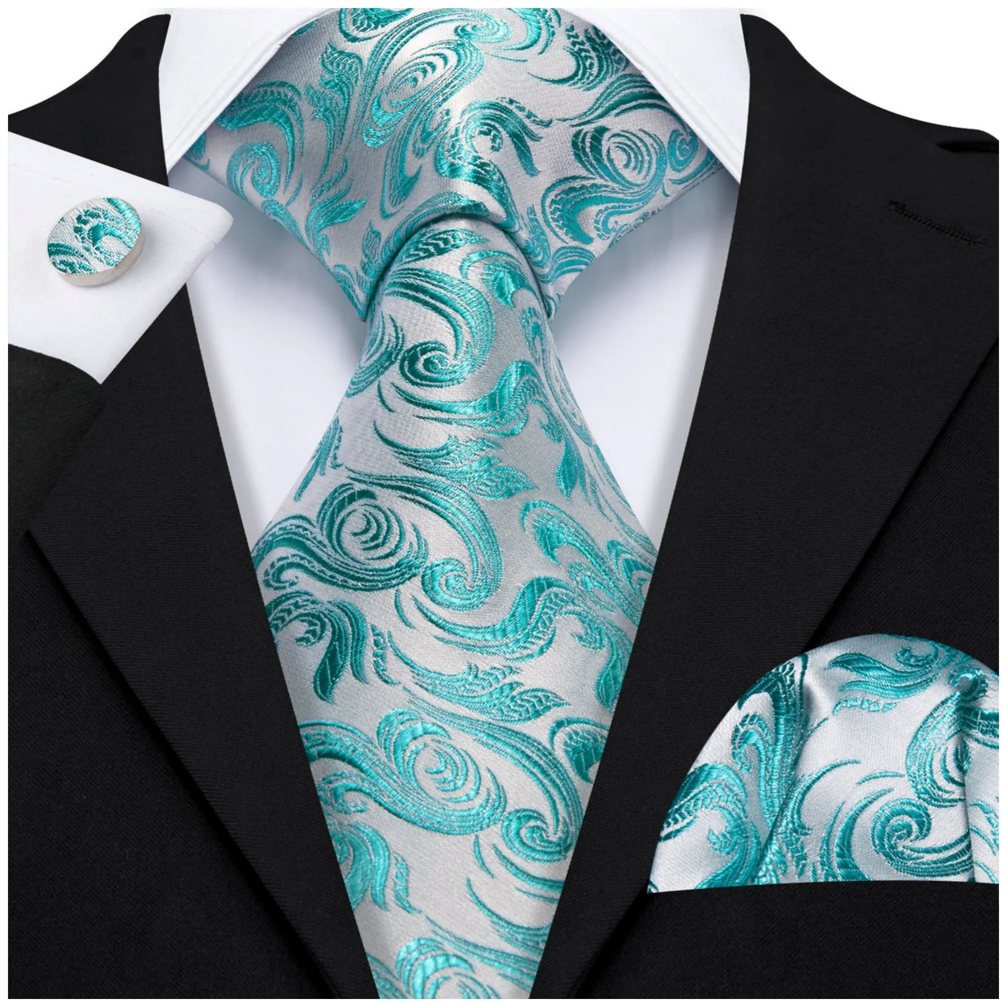 Men's White And Blue Floral 100% Silk Neck Tie With Matching Hanky And Cufflinks Set