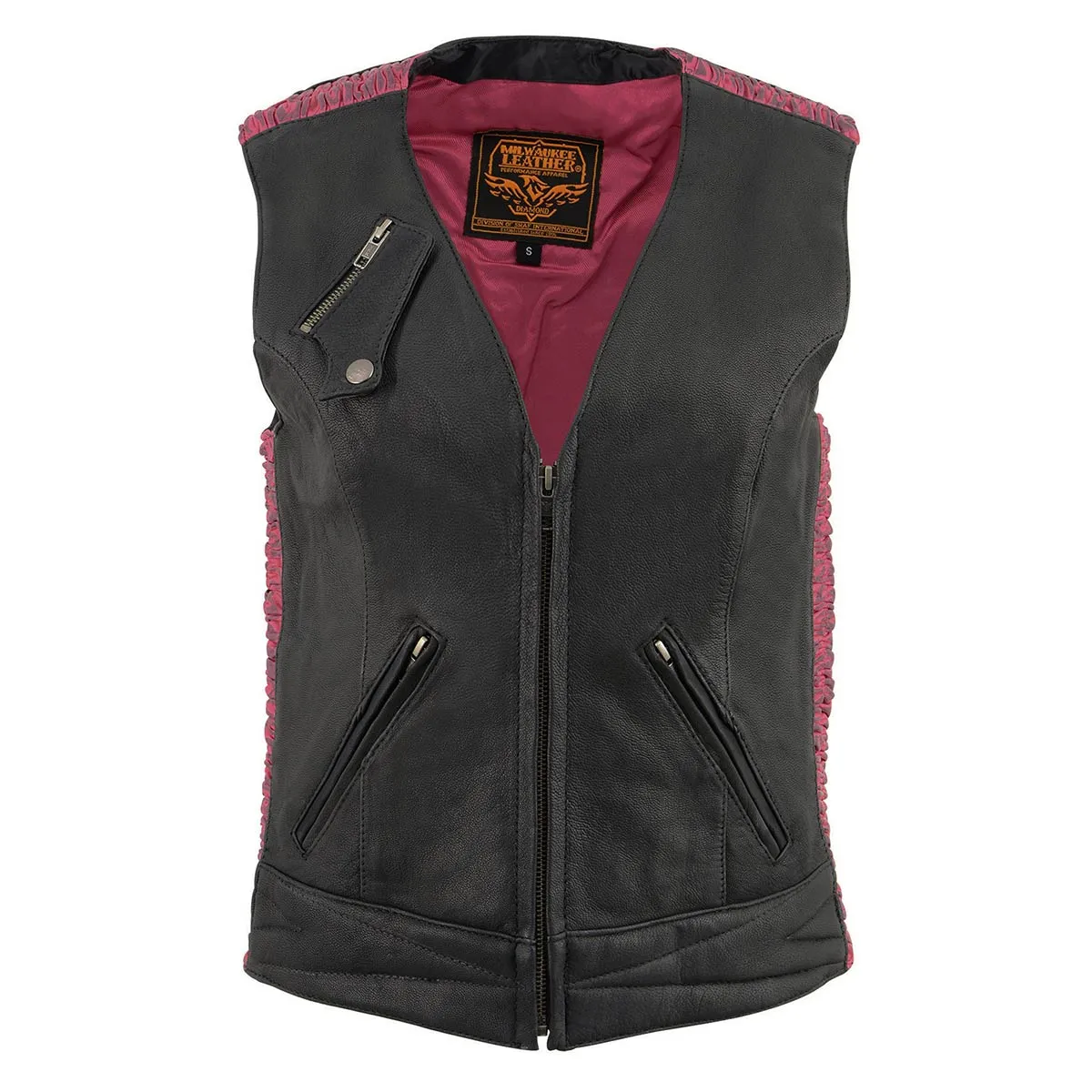 Milwaukee Leather MLL4571 Women's Black and Pink Lightweight Motorcycle Leather Vest w/ Crinkled Leather Design